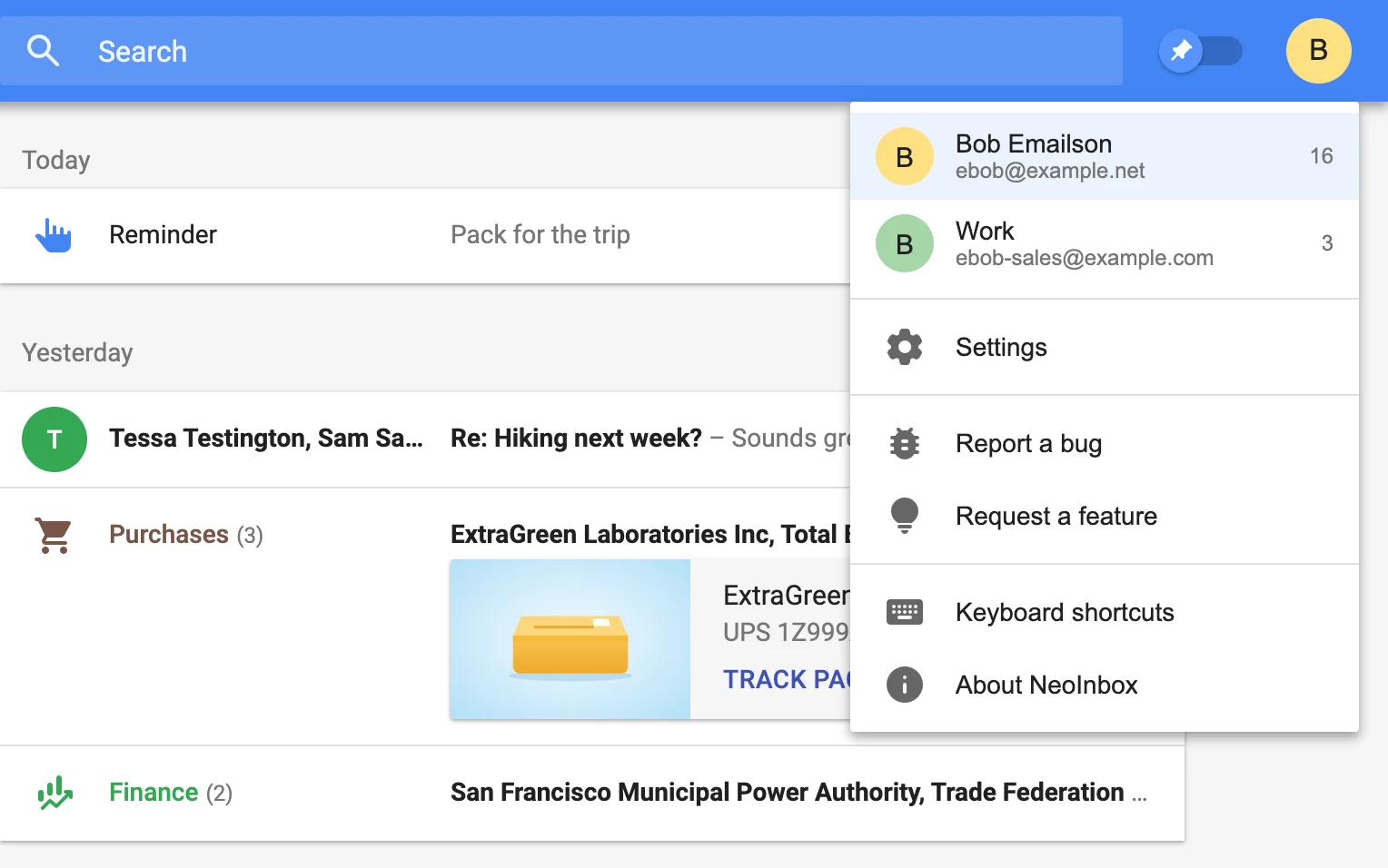 The account menu, listing two email accounts
