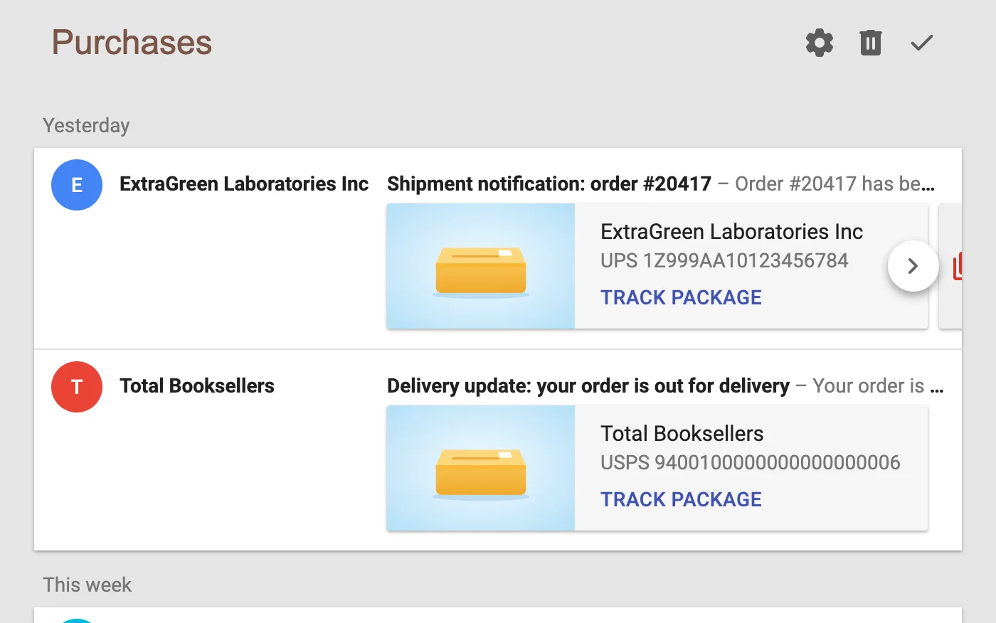 The Purchases bundle opened, with package tracking cards for each shipment