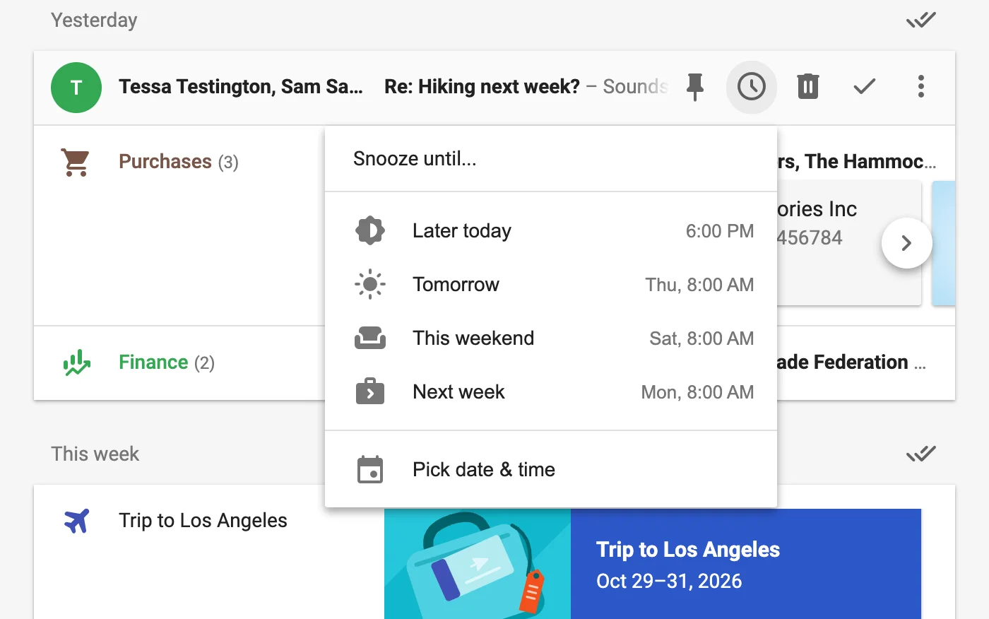 The snooze menu: later today, tomorrow, this weekend, next week, or a date and time